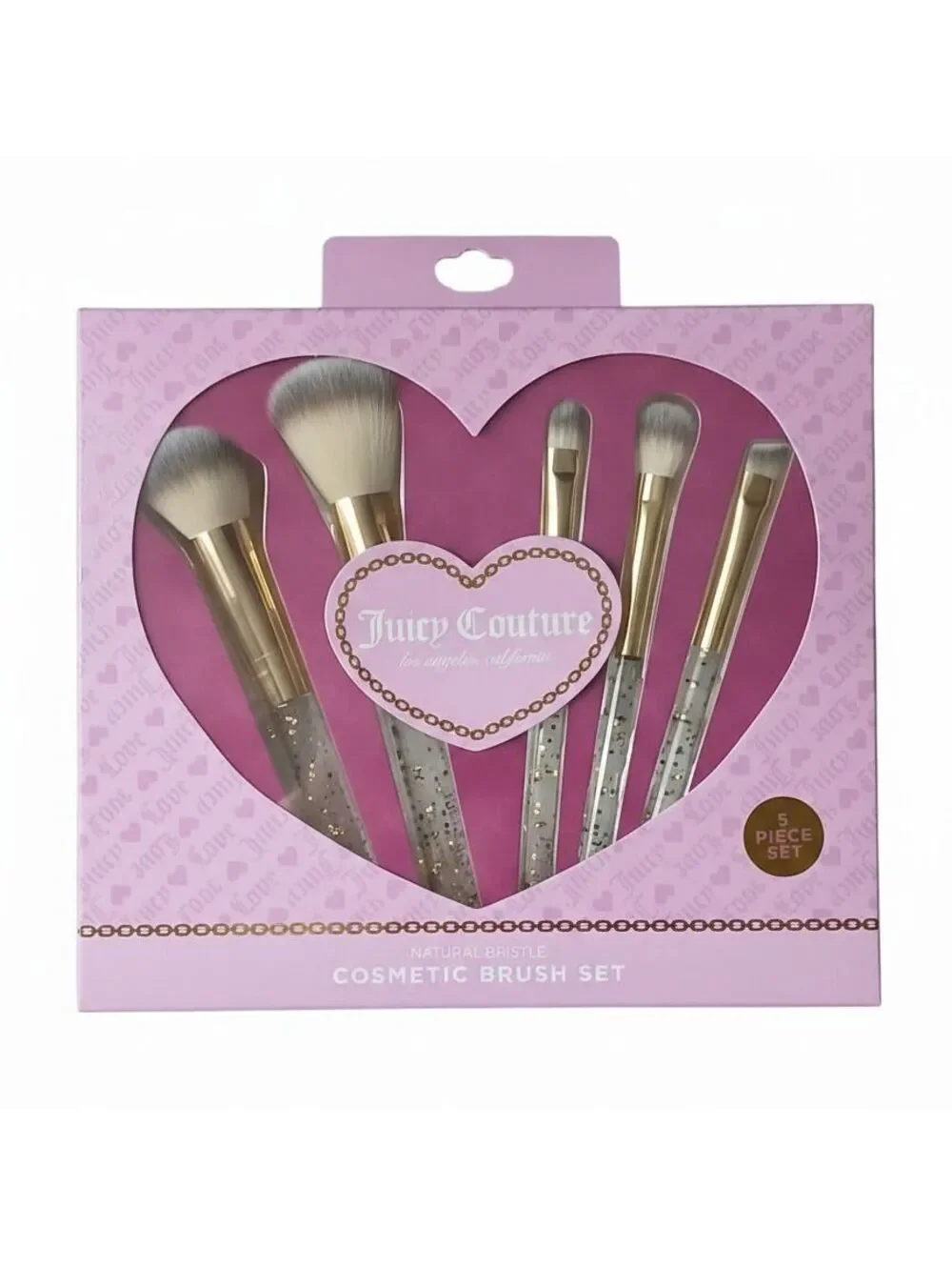 Juicy Couture 5 Pc Natural Bristle Makeup Brush Set Pink Gold Glitter New